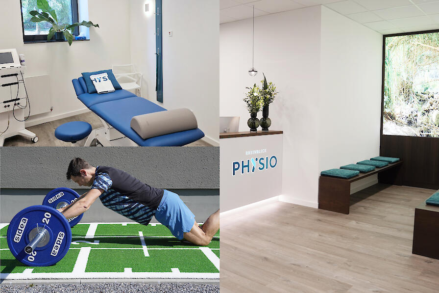 Physio Rheinblick. Wartebereich, Behandlungsraum sowie ein Mann der trainiert.