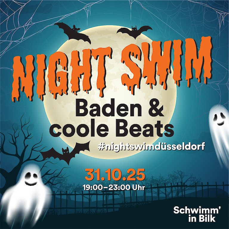 Veranstaltungsgrafik zum Halloween Night Swim im Schwimm' in Bilk.
