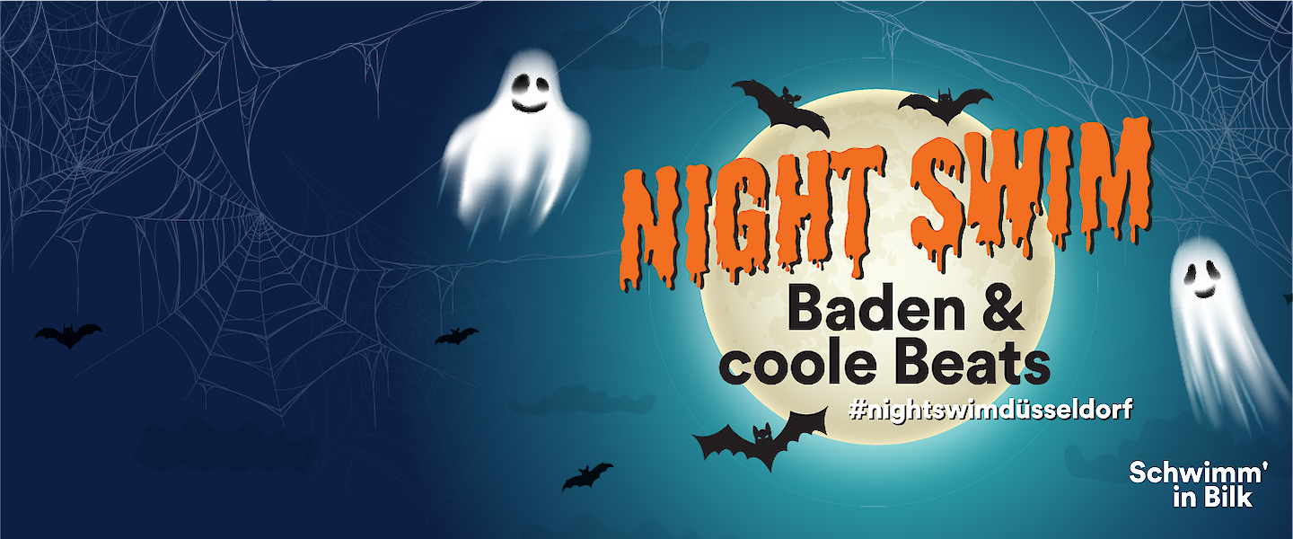Veranstaltungsgrafik zum Halloween Night Swim im Schwimm' in Bilk.
